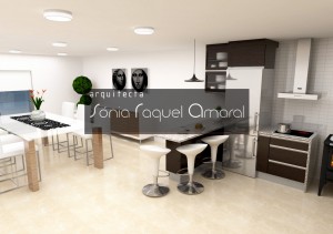 3D kitchen design - "U" Configuration, with balcony dining, with wenge foil and gray granite worktops.