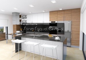 3D kitchen project - In line configuration with center island, lacquered in glossy white with walnut foil tops and "Walnut" colour HI-MACS.