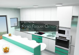Projeto de cozinha em 3D - Configuração em linha com ilha central, lacada em branco brilho e frentes de gavetas em verde, tampo Silestone branco "Zeus Extreme" e iluminação Led verde.
