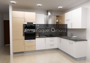 Projeto de cozinha em 3D - Configuração em "L", lacada em branco brilho, com folha carvalho pré-composto e tampo em granito preto Angola.