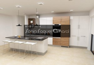 3D kitchen design - In line configuration with center island, lacquered in glossy white with walnut foil and black Zimbabwe granite counter tops.