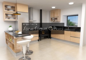 3D kitchen project - "U" Configuration, with balcony dining area, pre-composed oak foil and Zimbabwe black granite worktops.