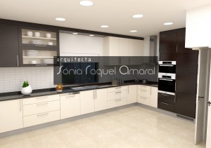 3D kitchen project - "L" Configuration, lacquered in glossy beige, stained oak in brown and black Angola granite.