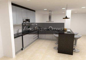 3D kitchen project - Configuration with peninsula, lacquered in black and glossy gray fronts with black Angola granite worktops.