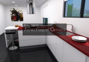 Projeto de cozinha em 3D - Configuração em "U", com balcão para refeições, lacada em branco brilho e com tampo Silestone vermelho "Rojo Eros".
