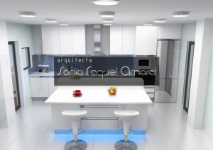 Projeto de cozinha em 3D - Configuração em linha com ilha central, lacada em branco brilho, tampo Silestone branco "Zeus Extreme" e iluminação Led azul.