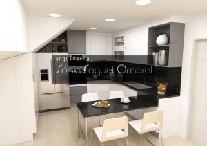 Projecto de cozinha em 3D - Configuração em "L", com mesa para refeições, lacada em branco e cinza brilho e tampos em granito preto Angola.