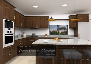 Projeto de cozinha rústica em 3D - Configuração em "L" com ilha central, em madeira de castanho escuro, com tampos em granito cinza.